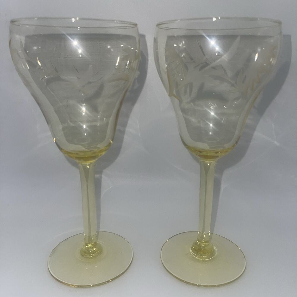 2 - Lancaster Yellow Topaz Etched Floral Water Lily Mini Wine Stems 3.25” RARE